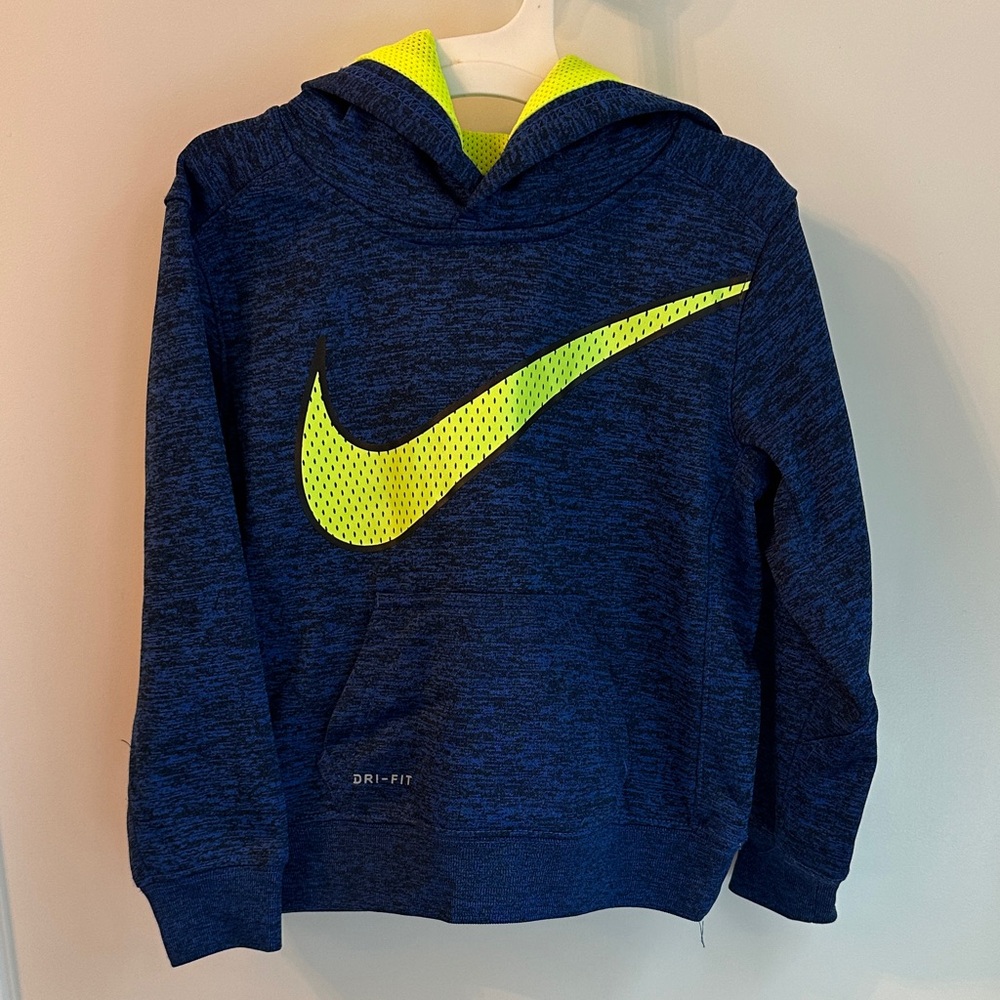Nike Kids Navy Hoodie with Neon Yellow Swoosh